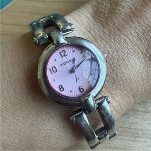 Fossil ladies pink dial silver tone bracelet Watch ES-8994 NEW BATTERY